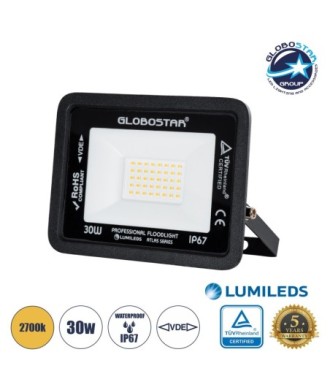 GLOBOSTAR® ATLAS 61418 Προβολέας LED 30W 3450lm 120° AC 220-240V Αδιάβροχο IP67 Θερμό Λευκό 2700K - Lumileds SMD Chip - TÜV Rheinland Certified - Μαύρο Ματ - Μ16 x Π2.5 x Υ12.5cm - 5 Χρόνια Εγγύηση
